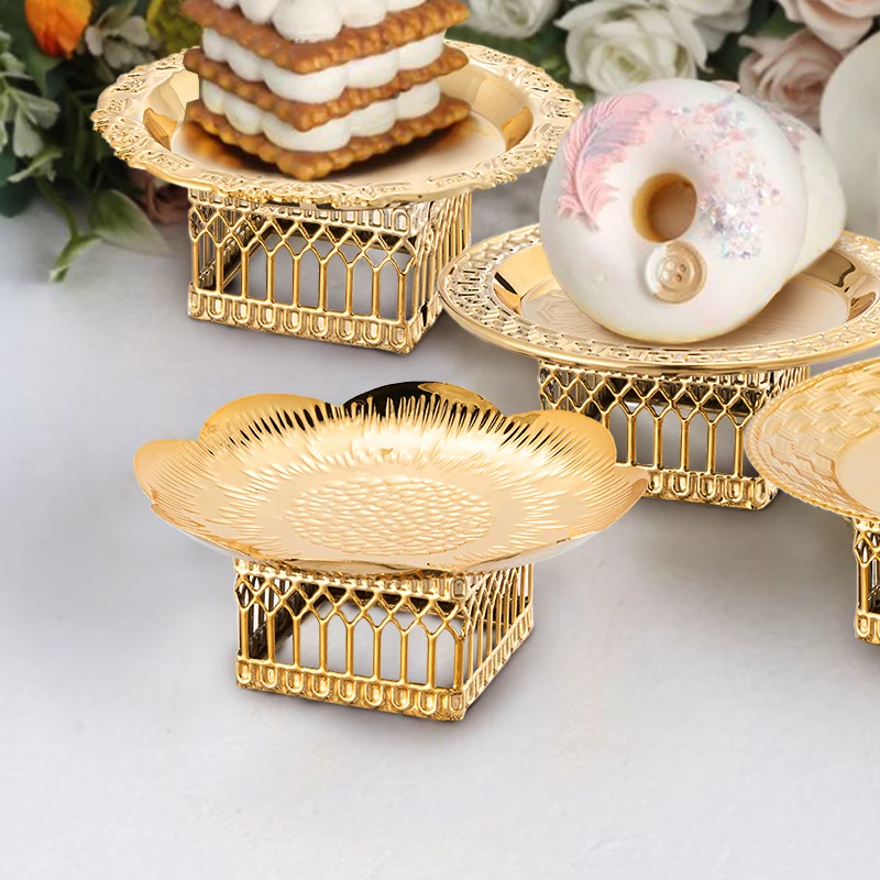 Metal Golden Square Foot Tray Fruit Plate Snack Tray Afternoon Tea Cake Plate Stainless Steel Hollow High Foot Tray Storage Tray 4