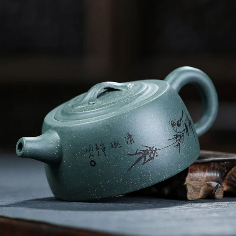Yixing Purple Sand Mine Green Mud Bird Language Flat Well Fence Xishi Tea Pot Beauty Kettle Customized Zisha Tea Set Authentic 3