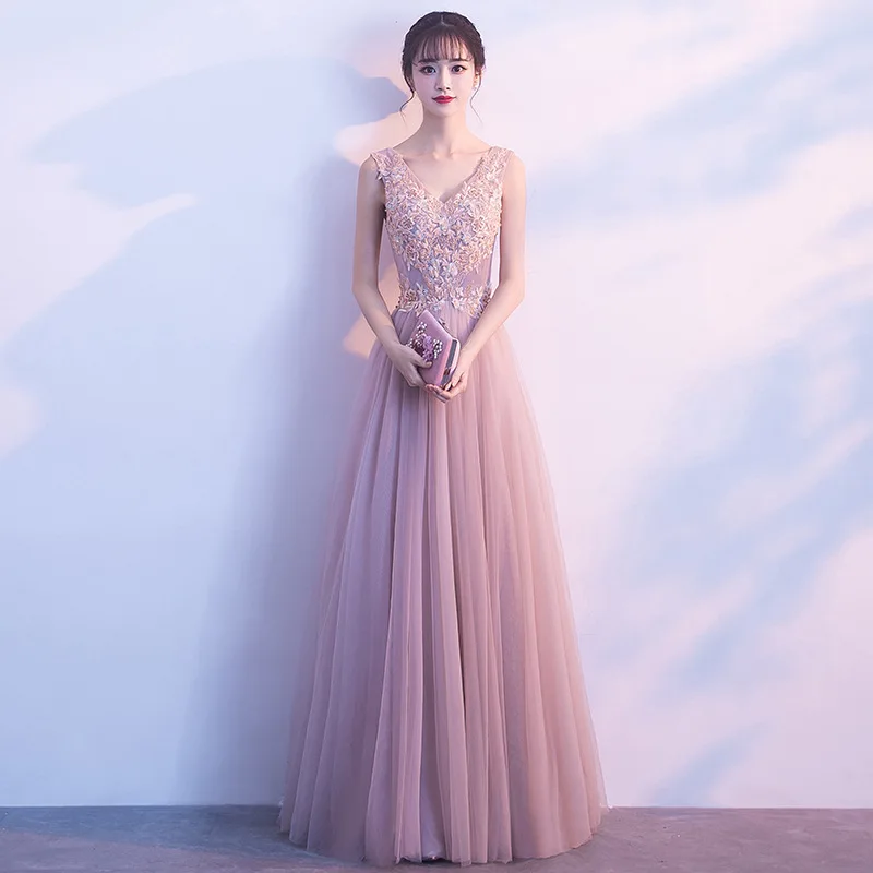 

Spring Pink Sexy V-Neck Embroidery Applique Back Bandage A-Line Chiffon Evening Dress Bride Wedding Tulle Prom Gowns Vestidos