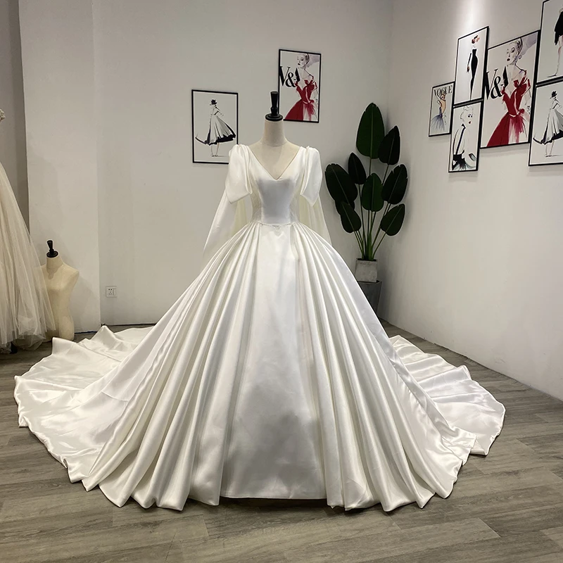 WM003 V-Neck Elegant Dresses For Women For A Wedding Royal Train Satin Wedding Dress Woman Guest Women'S Prom Dress שמלה לחתונה 4