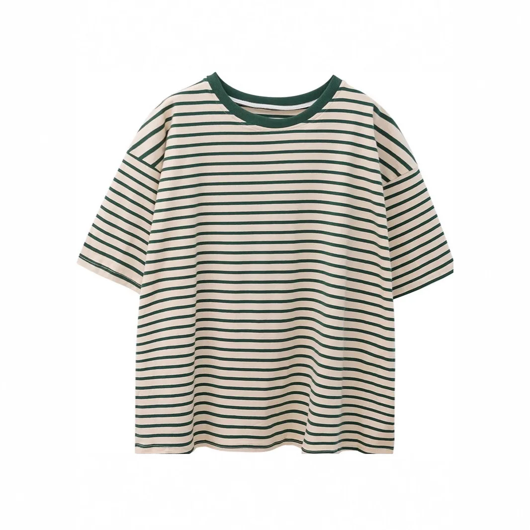 Green Striped Short Sleeve Loose Fit Women T Shirt