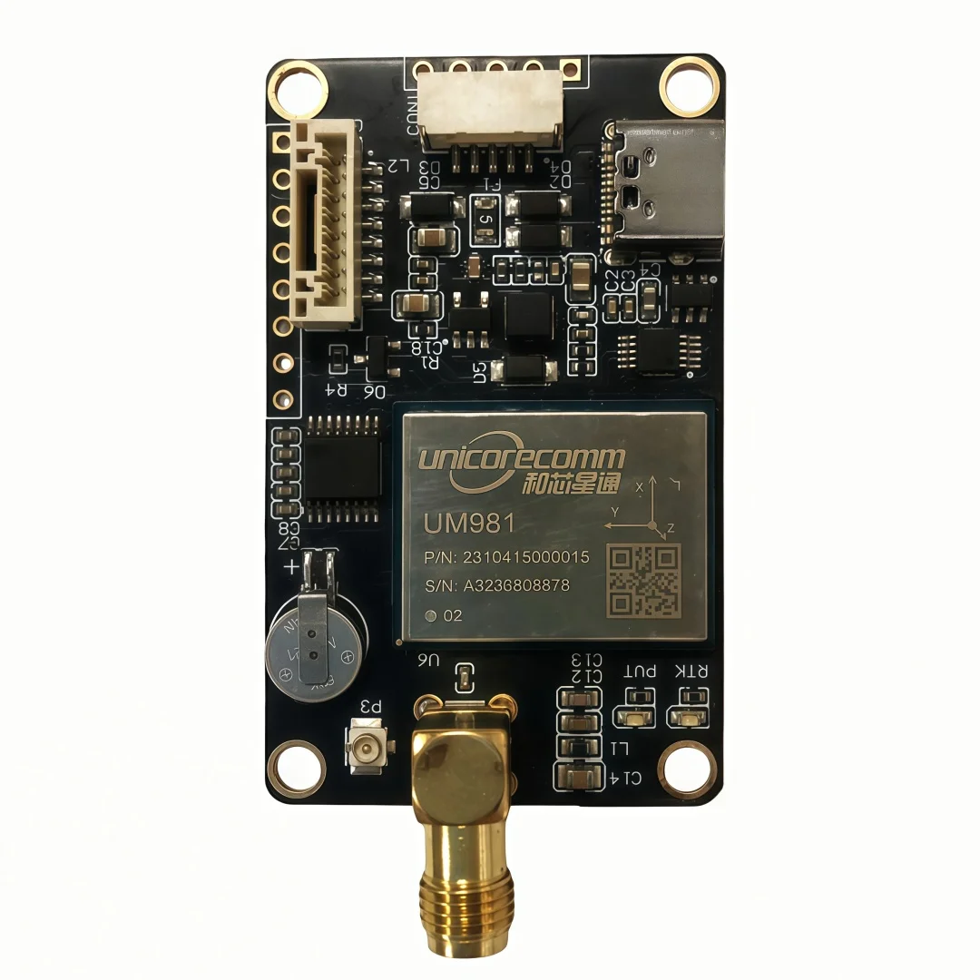 Module RTK GNSS UM981S/UM981 installé sur un drone, avec vue détaillée du boîtier étanche.