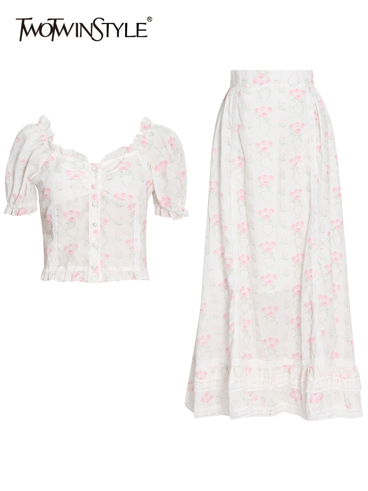

TWOTWINSTYLE Vintage Slim Two Piece Set Women V Neck Short Sleeve Tops High Waist Midi Skirts Print Sets Female Summer Clothing