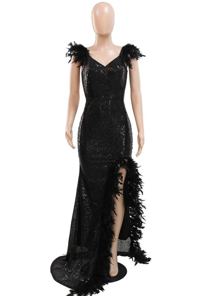 Kricesseen Sexy Black Sequined Feather Details High Split Maxi Dress Women Strap Backless Bodycon Night Clubwear Long Dress