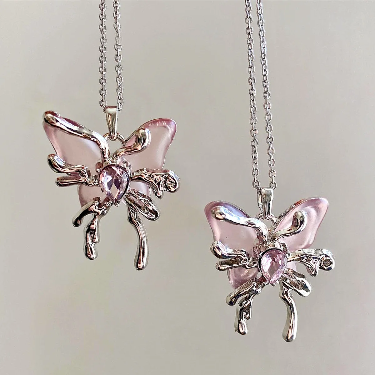 Y2K Pink Butterfly Necklace side view