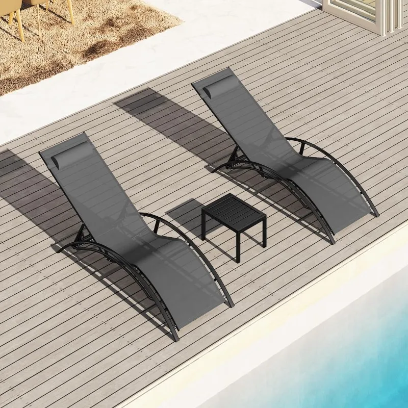 

Outdoor Chaise Lounge Set of 2,Patio Textilene Lounge Chairs W/Metal Table&Headrest,Sunbathing Recliner