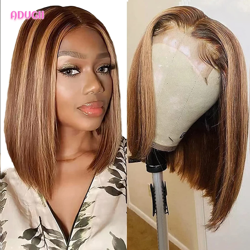 

Brazilian P4/27 Highlight Straight Short Bob 13x4 Lace Front Human Hair Wigs Pre Plucked Ombre Brown Remy Hair Natural Hairline