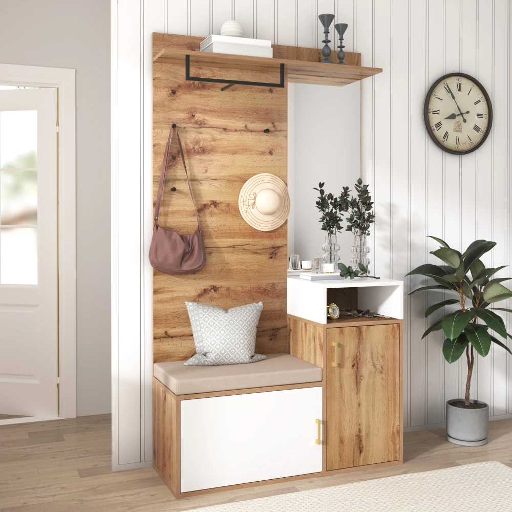 PINGGO Wandmontierter Kleiderschrank-Set mit 4 Haken, Spiegeln, Schuhschrank, oberer Stauraum, Flur-Garderobe, Hocker, Bohren erforderlich – Detail 6