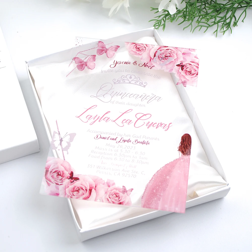 Clear Acrylic Personalized Custom Sweet 15 Quinceanera Girls Bar Mitzvah Birthday Invitation Card with Printed Box&Satin 10pcs