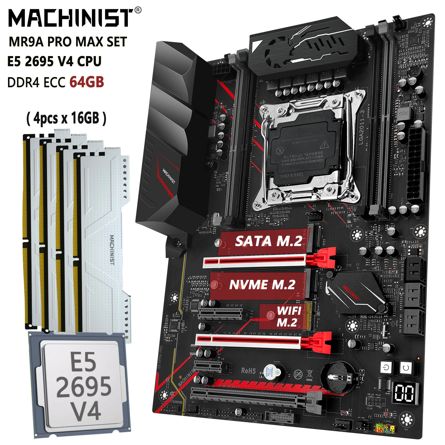 Machinist X99 Set Scheda Madre Lga 2011-3 Kit Xeon E5 2695 V4 Cpu 4 X16 = 64Gb Ddr4 Ecc Ram Memory Ssd Nvme M.2 Sata Mr9A Pro Max