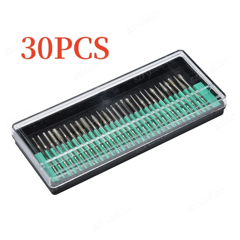 30pcs 생크 다이아몬드 Burs Dremel 전기 그라인더 전원 액세서리에 대 한 상자 세트 연마 드릴 비트 로타리 도구 세트 2.35/3mm