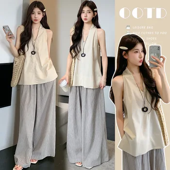 Maternity Suit Summer Sleeveless V Neck Halter Top and Stripe Wide Leg Pants Casual Loose Breathable Comfortable for Pregnancy