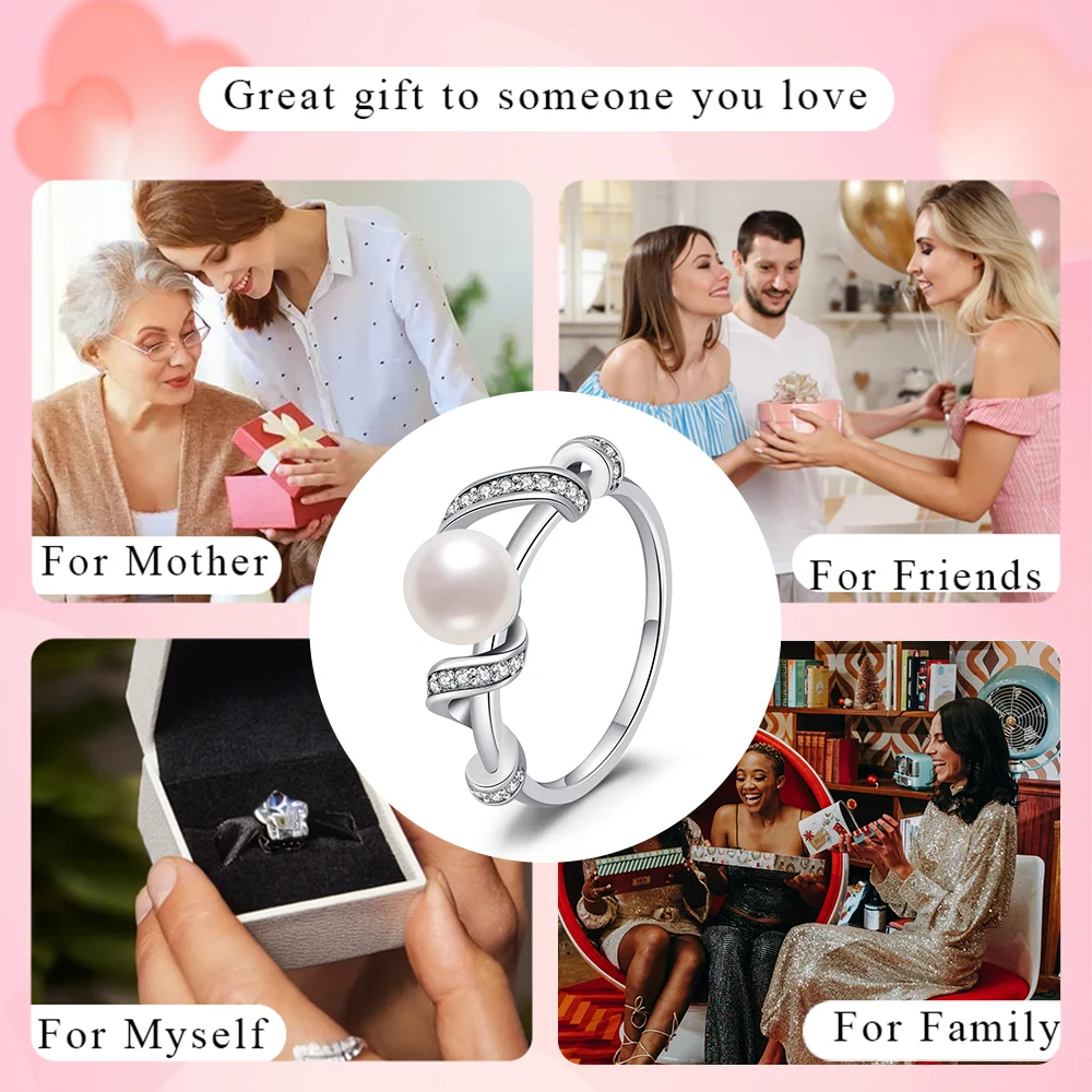 Real 925 Silver Original Women Pearl Entwined Streamer Ring Women's Simple Fashion Pop Ring Anniversary Love Gift DIY 6