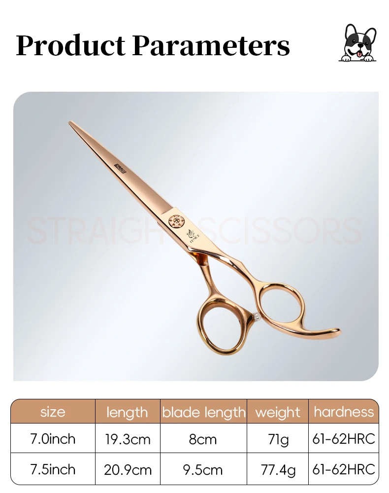 Fenice 6,5/7,0/7,5 Zoll JP440C Roségold Haustierpflegeklinge, gezahntes Scheren-Set, spurloses/V-förmiges Dunnelschere, Hundebesatz – Detail 2