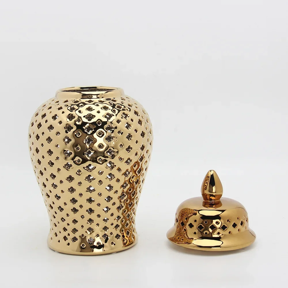 Hollow General Jar Ceramic Golden Ginger Jar Porcelain Storage Jar Vase Hollow Flower Arrangement Pot Home Decoration Vases Pots 5