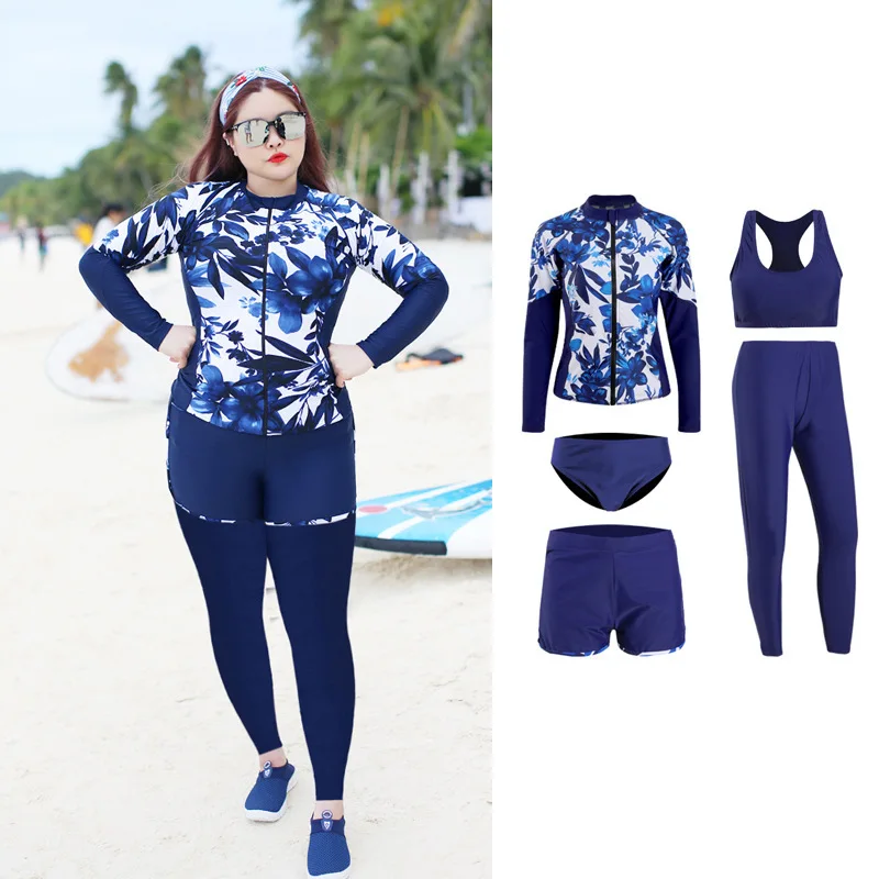 

5pcs/set Womens Plus Size Long Sleeve Rash Guard Top and Bottoms Zipper Swimsuit Swim Shirt+Pants with Bikini Tankini Rashguards