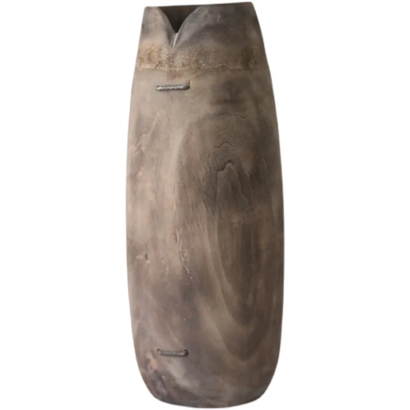 

Natural Wood Finish Hand Carved House Decoration Flowers Stories Vase for Desk