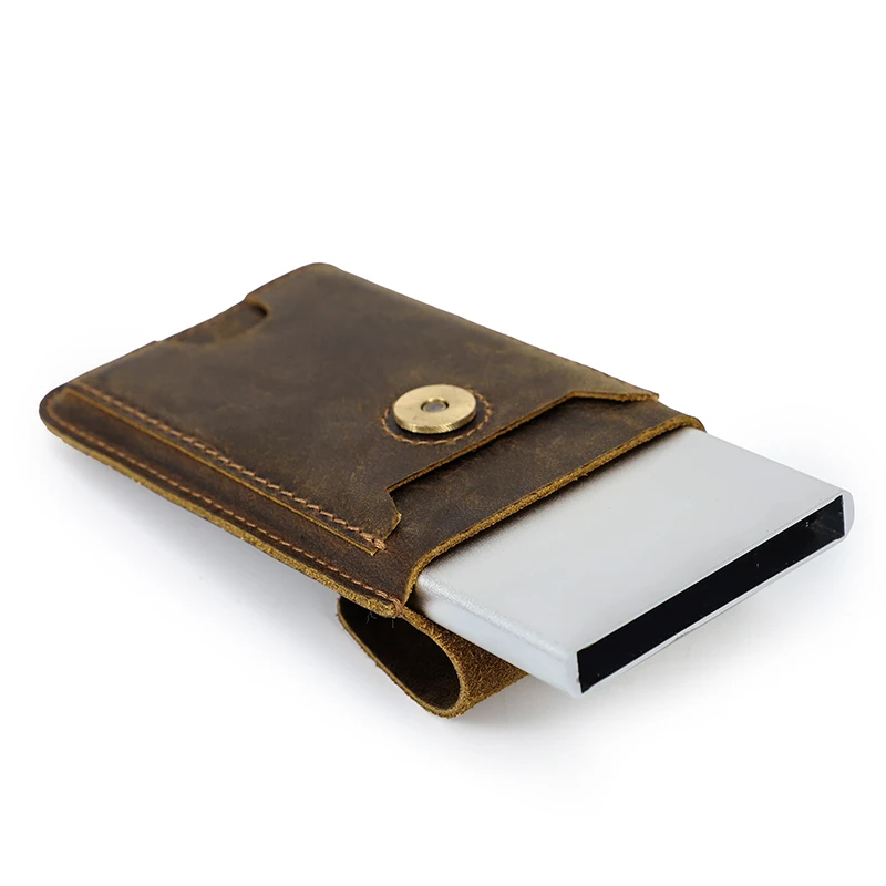 Leather Wallet Men Credit Card Holder Aluminum Box Genuine Leather Slim Wallet RFID Anti-theft