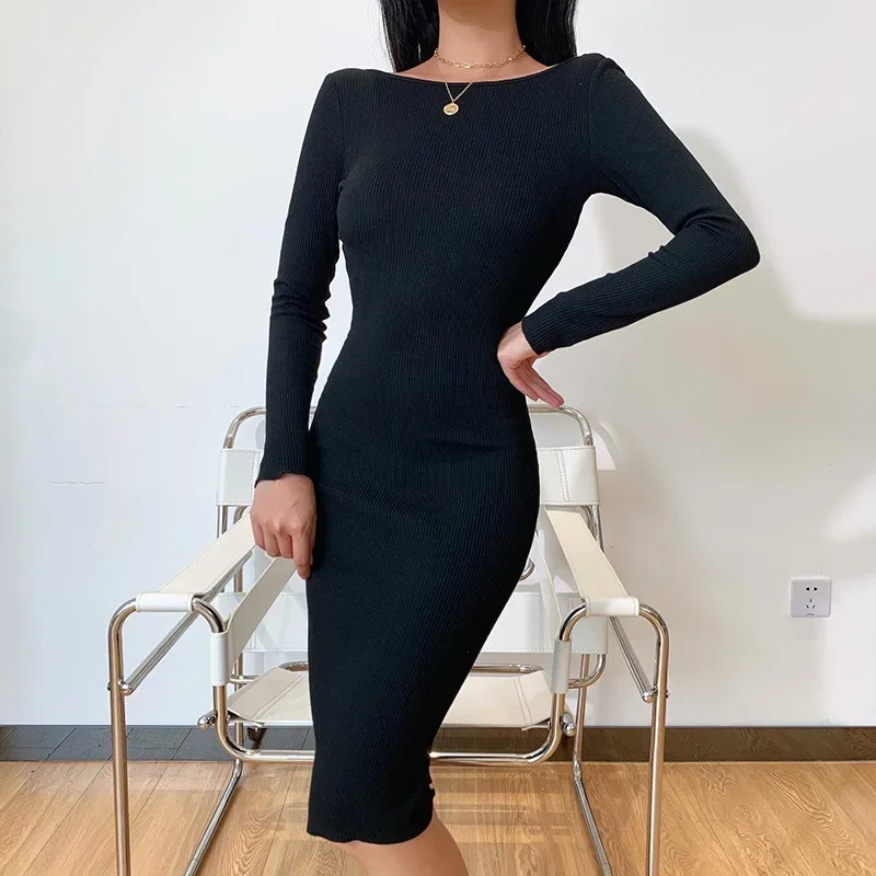 

Round Neck Fashion Sexy Chain Backless Slim Dress Women 2023 Autumn and Winter New Women's Tide Long-sleeved Temperament Skirt