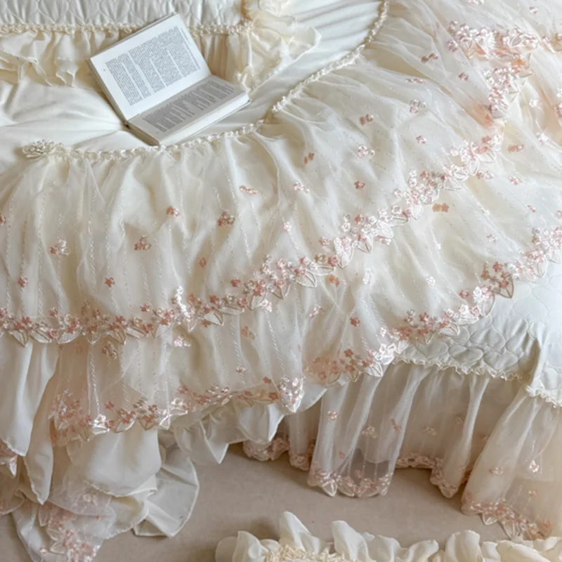 4Pcs Romantic Double Layer Lace Princess Wedding Bedding Set 100% Cotton Duvet Cover Bed Sheet Or Quilted Bedspread Pillowcases 4