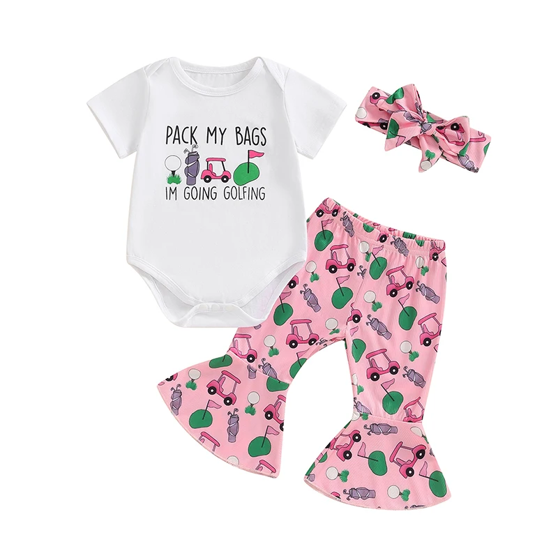 

Baby Girl Golf Outfit Short Sleeve Pack My Bags I Am Going Golfing Romper Flare Pants Infant 3pcs Summer Clothes