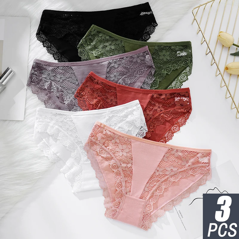 

3pcs GK Brand Elegant Women Panties Hollow Figure Flower Briefs Solid Color Flimsy Cotton Flat Belly Underpants Lingerie