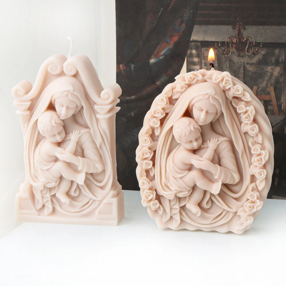 DIY Virgin Mary Holds Baby Jesus Silicone Candle Mold Mother Hug Child Statue Plaster Craft Tool Religious Figurine Decoration