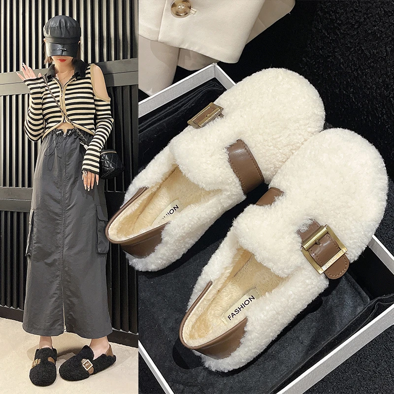 

Soft Bottom Winter Fur Women Single Shoes Fashion Buckle Warm Round Toes Flat Heels Tendy Ins Ladies Autumn women Shoes