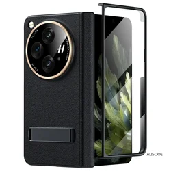 Premium Genuine Leather Kickstand Case with Front Glass Holder for OPPO Find N3 (Black1)