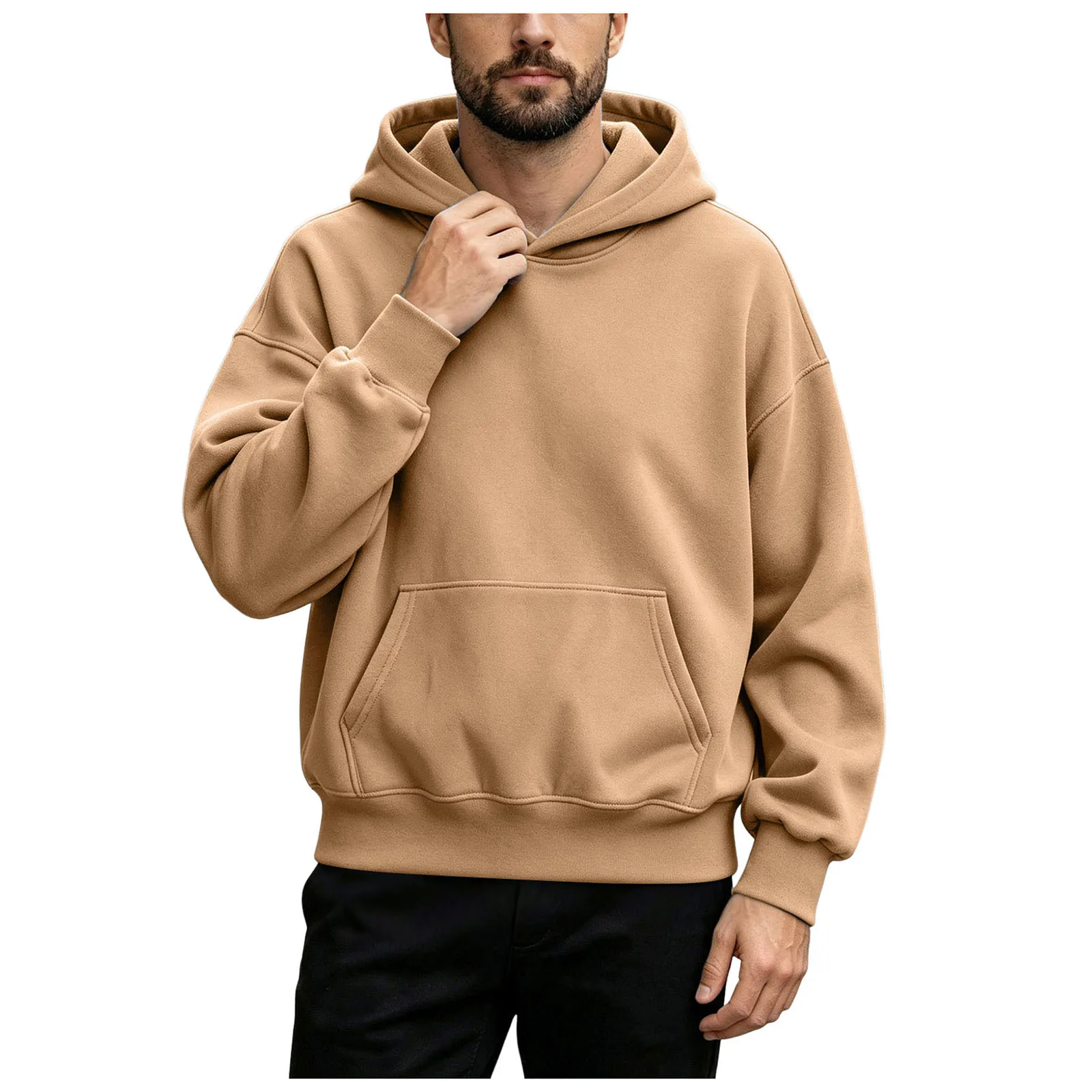 Basic Warm Fleece Hoodie Men's Sweatshirt Design Drop Shoulders Solid Color Trendy Versatile Loose Top Regular Fir Sweatshirts