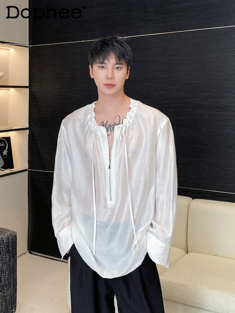 2024 Summer New Drawstring Round Neck Zipper Design Shirts Men's Long Sleeve Fashion Thin Trendy Male Sun Protection Shirt
