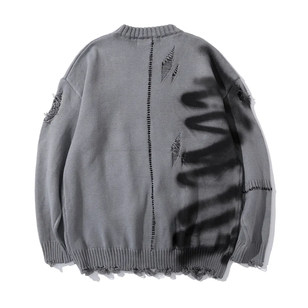 American High Street Design Graffiti Round Neck Sweater Men's Ins Brand Retro Lazy Wind Hole Sweater Street Trend Loose Pullover 2