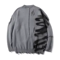 American High Street Design Graffiti Round Neck Sweater Men's Ins Brand Retro Lazy Wind Hole Sweater Street Trend Loose Pullover 2