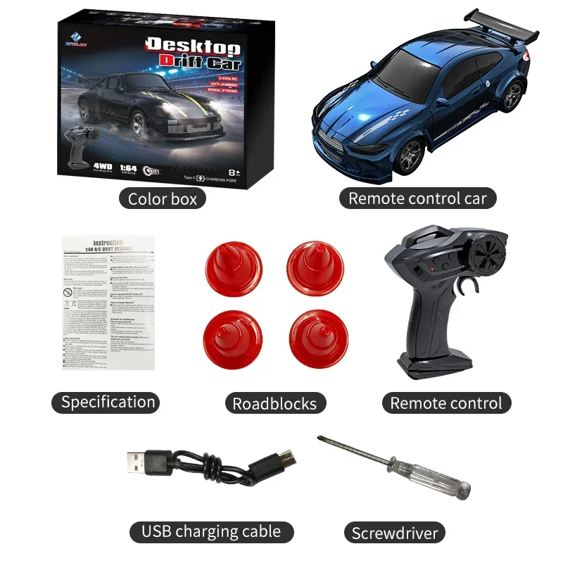 4WD RC Drift Car 1:64 Scale - 2.4G Remote Control With LED Lights For Kids & Adults