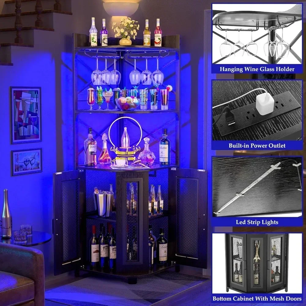 Corner Bar Cabinet with Power Outlet, Industrial Wine Cabinet with LED Strip and Glass Holder, 5-Tiers Liquor Bar