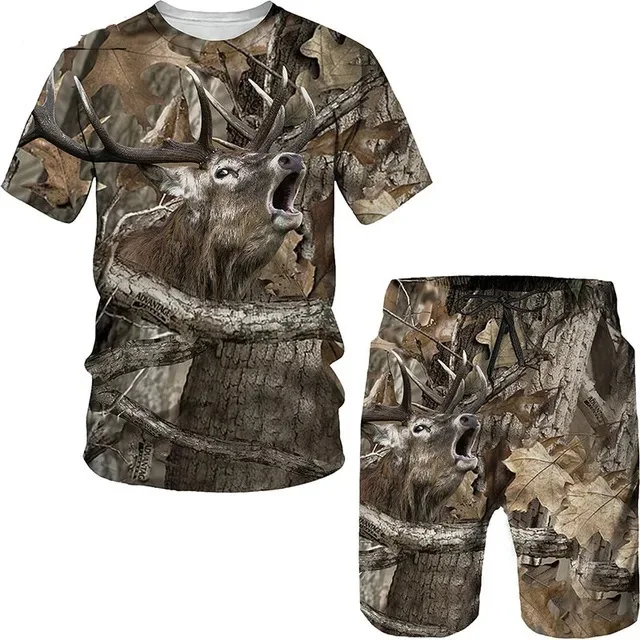 thumbnail image 1 of Conjunto de camiseta de caza con estampado 3D de camuflaje de jabalí, chándal elegante de cuello redondo para hombre, jersey de gran tamaño y pantalones cortos de playa, 1 of 5