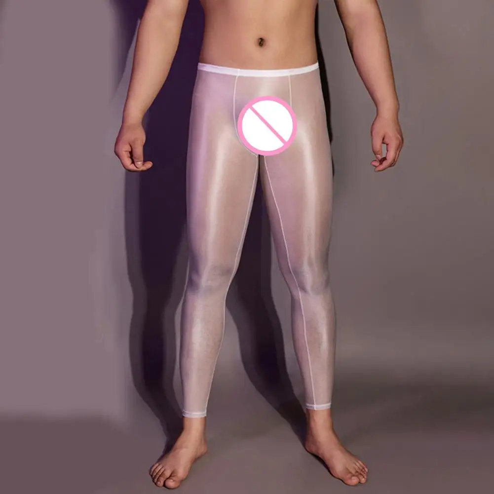 Men Sexy Long Pants See Through Oil Glossy Ultrathin Stretchy Leggings Shiny Nylon Ice Silky Comfort Sleepwear Skinny Allure