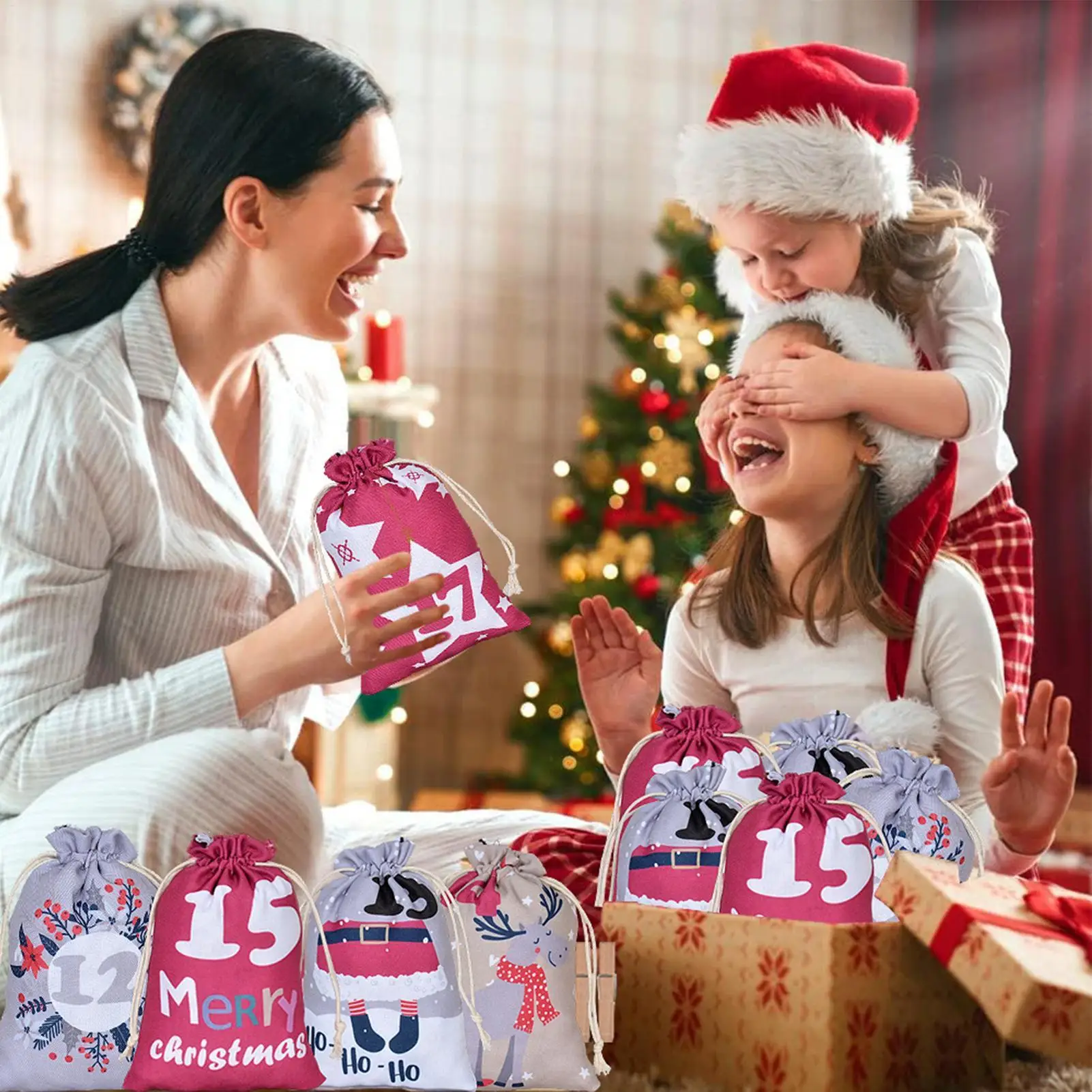 24Pcs Christmas Advent Calendar Bags Cartoon Drawstring Gift Bags Holiday Countdown Drawstring Pouches for Candy Snacks Toys