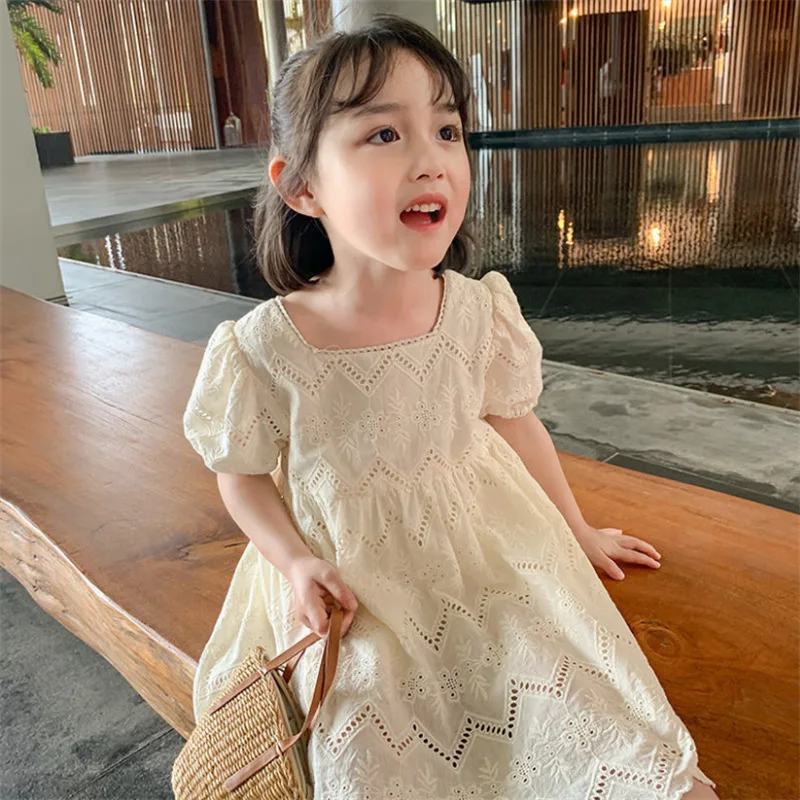 

Fashionable Girls' Hollow-out Puff Sleeve Dress Summer Clothes2024New Lace Short-Sleeved Children's Summer Skirt-WSNY