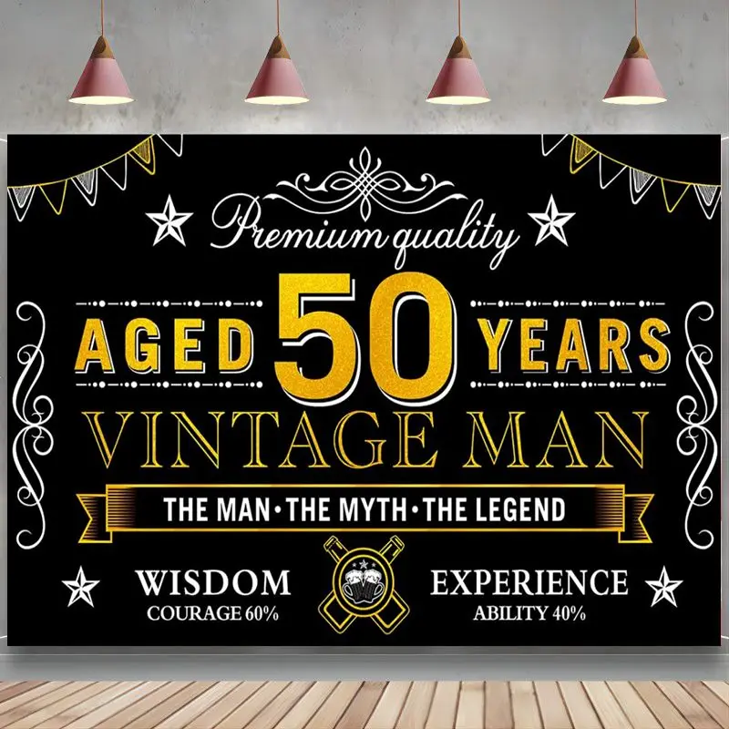 Happy 50Th Birthday Banner Decoration Men Black Gold Vintage 50 Fondale Sign Party Fixty Year Photo Booth Sfondo Poster