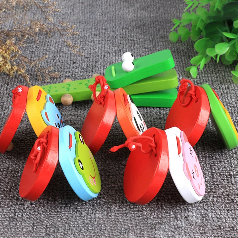 Kids Cartoon Wooden Castanets Music Instruments Baby Clapper Handle Musical Instruments Toys Orff Educational Toys For Children