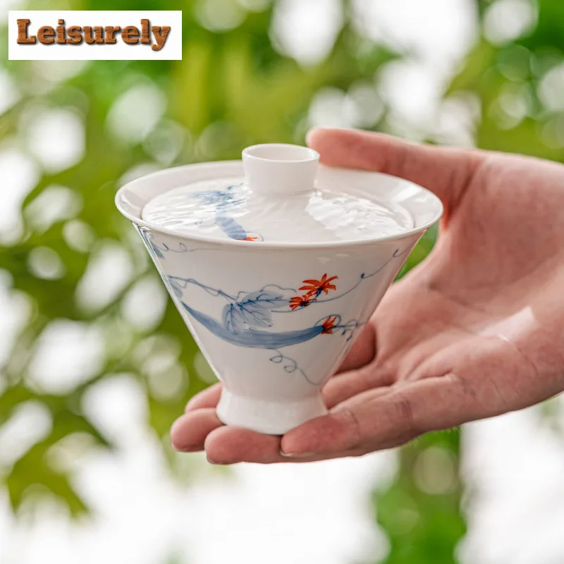 140ml Hand-painted Loofah Gaiwan Retro Bamboo Hat Anti Scalding Tea Tureen Household Tea Making Cover Bowl Items Ornaments