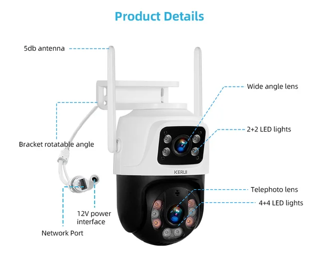 KERUI 6MP WIFI IP Camera Outdoor PTZ Dual Lens Dual Screen Auto Tracking Waterproof Security Surveillance Police Light Alarm 5