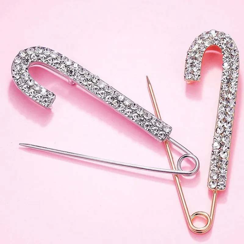 7cm Silver Color Metal Collar Pin Crystal Rhinestone Brooch For Women's Cardigan Fixed Clothes Buckle Simple Clothes Accessories