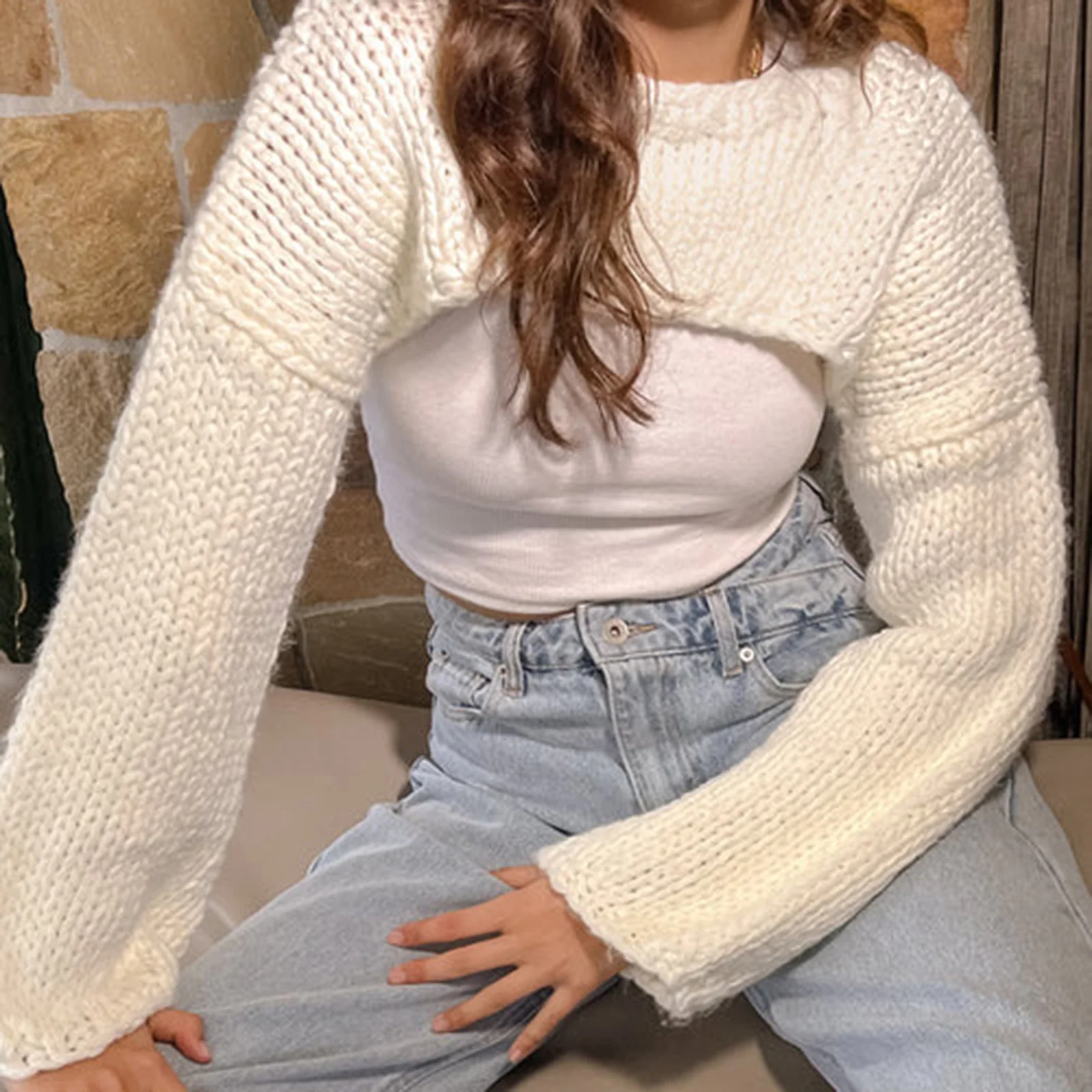 

Women Knit Shrug Cropped Tops Solid Color Loose Fit Crochet Pullover Long Sleeve Tshirt Fashion Streetwear Y2k Tees Clothes