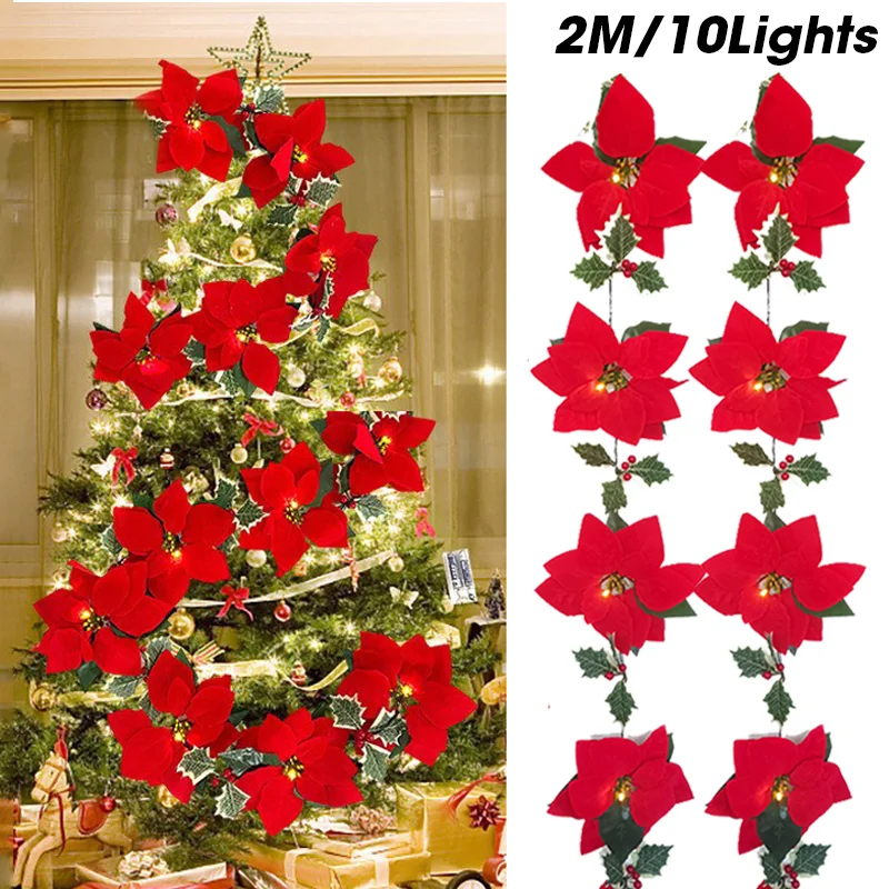 2M10LEDChristmasRedflowerStringLightsPoinsettiaFlowersGarland
