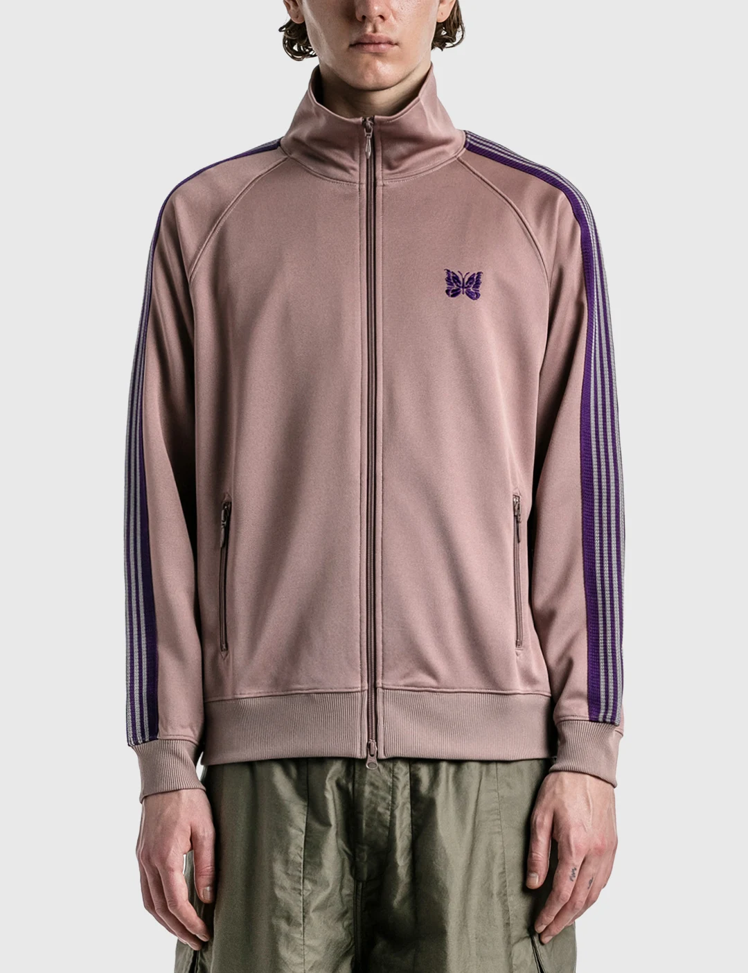 

23SS Taupe Needles Track Jacket Men Women Knitted Purple Stripe Poly Smooth Needles Jackets Butterfly Logo Sport Coat Goth