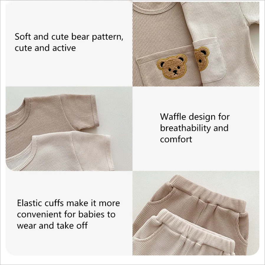 Summer Baby Clothing Set Baby Casual Homewear Set Waffle Bear Te and Shorts 2 Pcs Suits for Boys Girls