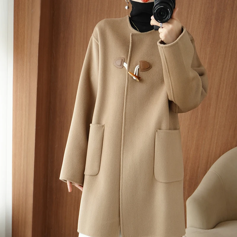 2023 Autumn Winter New Double Sided Woolen Coat Women's Round Neck Long Sleeve 100% Pure Wool Solid Color Loose Pocket Wool Coa