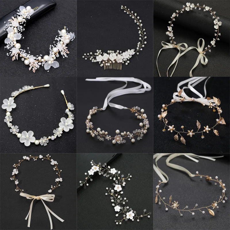 

Bridal Wedding Crystal Bride Gold Color Hair Accessories Pearl Flower Headband Handmade Hairband Beads Decoration For Women
